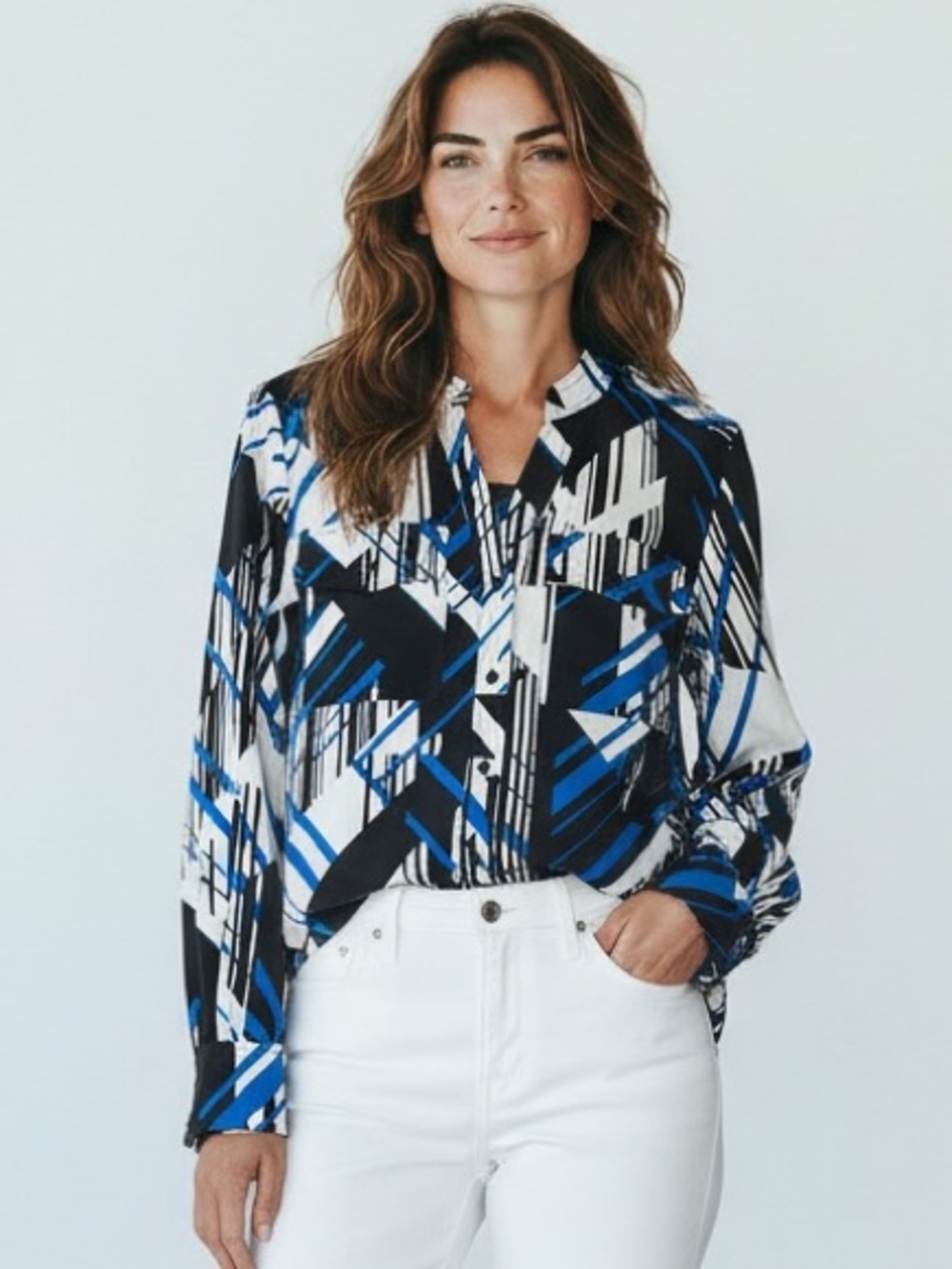 Karl Lagerfeld Paris Geometric Print Utility Blouse Black Blue White Size M